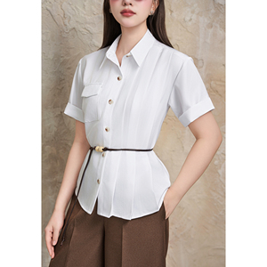 Blusa Elegante Blanca de Manga Corta para Mujer, con Botones Asimétricos, Cintura Ajustada con Cinturón, Estilo Casual, Transpirable, SILAS - Product Image 3