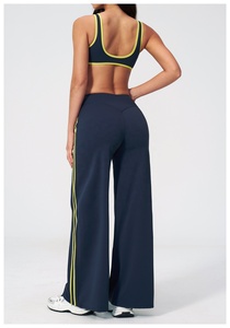 Custom 2026 Navy Blue 2 Piece Yoga Set Spaghetti Strap <b>Crop</b> <b>Top</b> High Waist Flared Pants Contrast Binding Breathable Solid Colors - Product Image 2