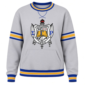 Sweat-shirt à col rond en chenille grise Sigma Gamma Rho avec poche et bordure côtelée rayée bleu roi et or, vêtements de sororité grecque - Product Image 3