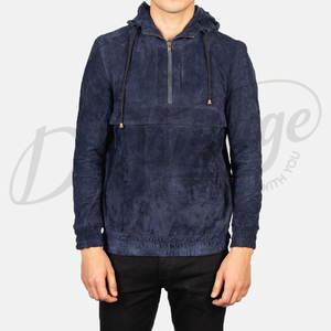 Sudadera con Capucha para Hombre, Color Azul Marino, de Gamuza Genuina, con Cierre de Cremallera de un Cuarto y Bolsillo Frontal - Product Image 6