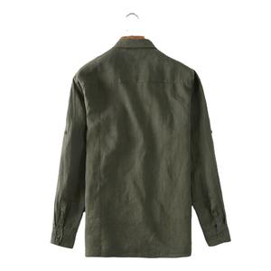 Chemises 100 % lin gris, neuves, personnalisées, unies pour garçons et hommes, chemises décontractées vert foncé à manches longues, motif uni - Product Image 4