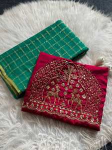 Sari Verde con Diseño de Cuadros Zari para Mujer, con Blusa Bordada de Lujo, Sari Étnico Indio para Fiestas y Bodas - Product Image 4