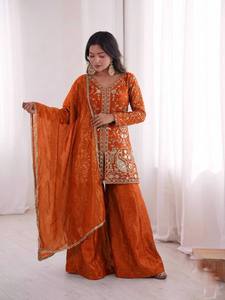 Traditional Indian Pakistani <b>Women's</b> Orange Embroidered <b>Kurta</b> Set With Dupatta Loose Fit Floor-Length Ethnic Wear - Product Image 1