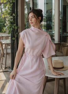 Robe élégante mi-mollet rose pour femme - Décontractée, col rond, coupe trapèze, aspect lin, taille à cordon, pour les vacances et le quotidien - Product Image 4