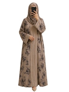 Elegante Abaya Gris con Estampado Floral y Bordado, Vestido Largo hasta el Suelo de Manga Larga para Mujer, Estilo de Oriente Medio para Uso Diario - Product Image 3