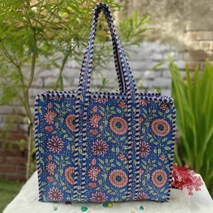 Grand sac fourre-tout matelassé en coton, imprimé indien, jaune moutarde, motif botanique tropical, sac de plage tendance pour femme - Product Image 3