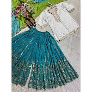 Top de fête pour femmes de créateur et costume Sharara Ensembles pour femmes de style fantaisie - Product Image 4