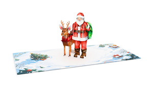 Tarjeta de felicitación navideña emergente con Papá Noel y renos, tarjeta 3D rectangular para las fiestas, impresión digital en papel con laminado brillante - Product Image 1