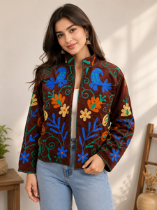 Veste en velours côtelé brodée à la main, col mandarin, manches longues, fermeture éclair, motif floral, style automne, veste pour femme - Product Image 6