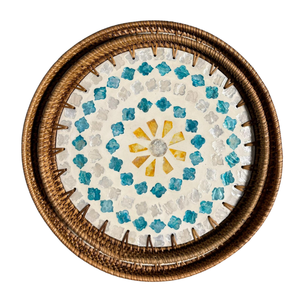 Premium Mother of Pearl Mosaic Shell Rattan Platter Elegant Floral Handwoven <b>Wicker</b> Tray For <b>Coffee</b> <b>Table</b> Home Decoration - Product Image 2