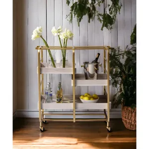 Gold Metal Rolling <b>Bar</b> <b>Cart</b> Three Tier Serving <b>Trolley</b> with Wheels and Wooden Shelves for Home Kitchen - Product Image 6