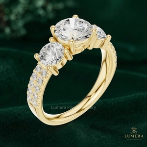 Past Present Future Diamond Ring, Three Round <b>Cut</b> <b>Stones</b>, Double Micro Pave Half Eternity Shoulder Band, Solid Gold Fine Jewelry - Product Image 6