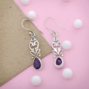 Wholesale 925 Sterling <b>Silver</b> Natural Amethyst Filigree Drop <b>Earrings</b> Handmade Pear Shape Gemstone <b>Dangle</b> <b>Earrings</b> for Women - Product Image 1