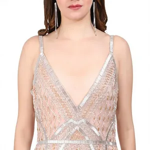 Robe de soirée élégante couleur nude, col en V, ornée de perles, robe longue de luxe brodée à la main pour femmes, soirée de bal - Product Image 5