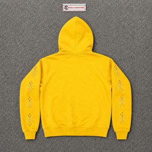 Sudadera con capucha amarilla con cremallera y pedrería, estilo streetwear de lujo, con mangas con cristales multicolor, oversize, gran oferta - Product Image 6