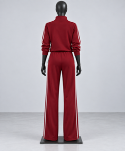 Conjunto Deportivo de 2 Piezas para Mujer, Color Rojo, Top con Cierre de Cremallera y Cuello Alto, Pantalones Anchos con Rayas en Contraste, Estilo Casual - Product Image 2