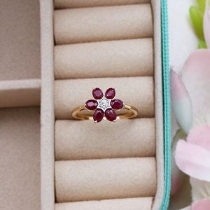 Bague en or jaune 14 carats avec rubis ovales et diamants, motif floral en étoile, bagues fines en pierres précieuses pour femmes, cadeau, mariage, fête, vente en gros - Product Image 5