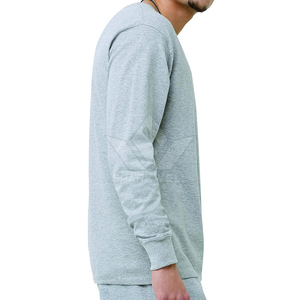 T-shirt décontracté en coton tricoté à manches longues et col rond pour homme, couleur unie, coupe classique, gris, logo sur le devant, respirant - Product Image 1