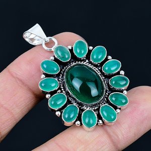 Pendentif fleur en onyx vert, collier floral, bijoux plaqués argent 925, bijoux pour femmes - Product Image 1