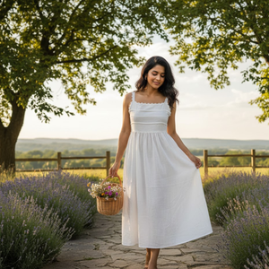 Vestido Vintage de Algodón Blanco con Detalle Plisado, Sin Mangas, Cuello de Encaje, Espalda Fruncida, Largo Maxi, Ropa Casual de Alta Calidad para Mujer - Product Image 1