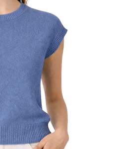 Gilet d'été décontracté et élégant pour femme, en maille bleue personnalisée, sans manches, brodé de fleurs, col rond, doux et léger - Product Image 4