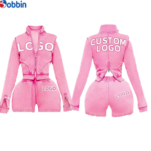 Conjuntos Deportivos Cortos de Verano Estilo Hip Hop para Mujer, 2 Piezas, Chaqueta con Cremallera y Pantalones Cortos, 100% Algodón, Transpirable, de Secado Rápido, Ecológico, Mangas Largas - Product Image 5