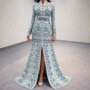 Caftán marroquí de georgette azul pastel de lujo |   Vestido Largo Elegante para Fiesta, con Bordado Intenso, Sin Arrugas, Corte Entallado y Abertura Frontal - Product Image 1