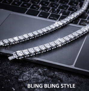 Collar de cadena de tenis de lujo con incrustaciones de moissanita y circonita cúbica (CZ) de 5mm, de Plata Tai / Acero Inoxidable, Joyería Hiphop para Hombre y Mujer, Bañado en Plata - Product Image 5