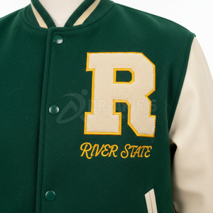 Plus Size Men's Varsity Jacket Green Cream Appliques 23 Preppy Style Winter Waterproof Sheep <b>Fur</b> - Product Image 3