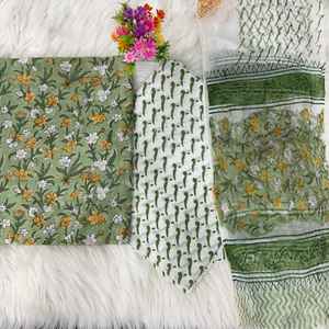 Indian & Pakistani Clothing Block Print Cotton Material With Chiffon Dupatta Salwar Kameez <b>Dress</b> Traditional Print Unstitched - Product Image 1