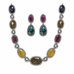 Ensemble collier et boucles d'oreilles en argent 925 plaqué or avec pierres multicolores pour femmes, cadeau de mariage, bijoux faits à la main - Product Image 1