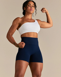 High Performance Women's White One-Shoulder Scoop Neck <b>Crop</b> <b>Top</b> Navy High Waist Shorts 2 Piece Yoga Set Zippers Seamless Spandex - Product Image 1