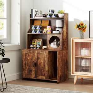 Modern Industrial Wooden <b>Cat</b> Litter <b>Box</b> Enclosure with Storage Shelves - Product Image 4