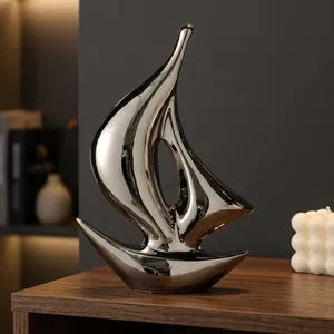 Statue de bateau à voile en argent, objet nautique de collection avec base en bois, décoration pour la maison, salon, bureau, cadeau - Product Image 3