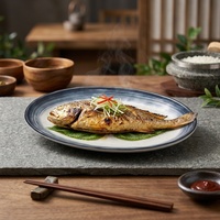 Assiette ovale en mélamine de 12 pouces, bord bleu, aspect céramique texturé, assiettes de service pour sushis et poissons pour restaurant, vaisselle en mélamine
