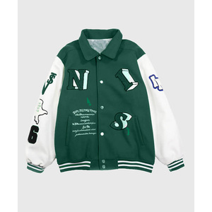 Green <b>White</b> Varsity <b>Jacket</b> <b>Men</b> Preppy Style Embroidered Letter Pattern Turn-down Collar Regular Fit Autumn Wear - Product Image 3