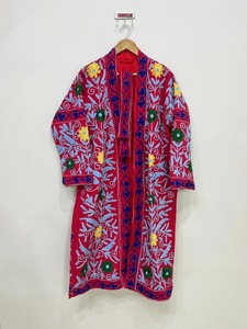 Bata de algodón hecha a mano con bordado floral rojo, manga larga, cuello mandarín, informal, de longitud completa, para mujer, para otoño - Product Image 1