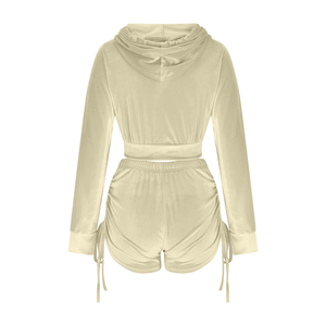 Women's Winter Casual 2-Piece Solid Velvet <b>Knitted</b> <b>Set</b> Zipper Crop Hoodie Above-Knee Skinny Fit Shorts Quick Dry - Product Image 6