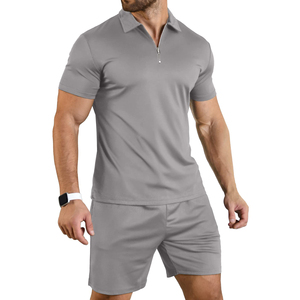 Men's Grey Quarter-Zip Polo Shirt and Shorts <b>Set</b> Casual Summer Wear Quick Dry <b>Knitted</b> Fabric Solid Color Sportswear - Product Image 5