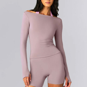 Elastic Tight Women Gym Body Fit Compression Wide Shoulder Yoga Top Summer Casual High Stretch <b>Long</b> Sleeve Sweat Wicking Top - Product Image 5