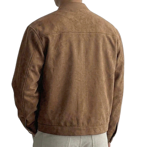 <b>Mens</b> Brown <b>Suede</b> Style <b>Jacket</b> Stand Collar Full Zip Front Long Sleeve Snap Cuff Casual Bomber <b>Jacket</b> Regular Fit Outerwear - Product Image 5