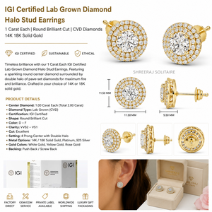 Boucles d'oreilles à double halo avec diamants ronds cultivés en laboratoire certifiés IGI de 1 carat chacun, or 14 carats, fabricant de bijoux OEM - Product Image 2
