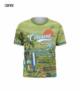 เสื้อเชิ้ตคอเร็กซ์แขนสั้นพิมพ์ลายเขตร้อนสีเขียวสำหรับผู้ชายพร้อมลายกระดานโต้คลื่นคอกลมเสื้อเชิ้ตปกติ - Product Image 1