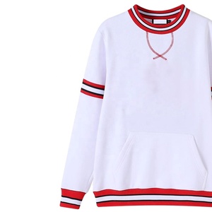 Sweat-shirt blanc à col rond pour femme avec bordure à rayures rouges et poche avant, haut décontracté en tricot à manches longues - Product Image 4