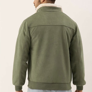<b>Men's</b> Olive Green <b>Suede</b> Bomber <b>Jacket</b> With Sherpa Lining Zipper Closure Casual Winter Wear Regular Fit Turn-down Collar - Product Image 2