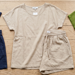 Women's Summer Cotton Short Sleeve Shirt With Drawstring Shorts <b>Set</b> Solid Color Casual Loose Fit T Shirt Shorts Two Piece Ladies - Product Image 2