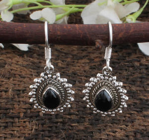 Natural Black <b>Onyx</b> 925 Sterling Silver Dotted Milgrain Design Vintage Style Drop <b>Earrings</b> Wedding Party Wholesale Luxury - Product Image 4