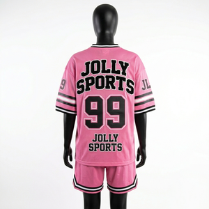 Conjunto de camiseta y pantalones cortos de fútbol de malla de poliéster premium de 200 GSM, con rayas rosas y negras, logotipo personalizado, conjuntos para mujer - Product Image 4