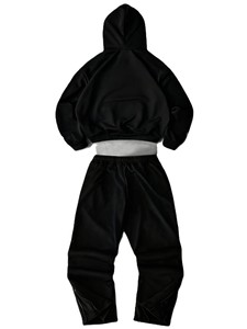 Chándal negro con capucha para niños, manga larga, color sólido, informal, holgado, para otoño, con bolsillos laterales y cintura elástica - Product Image 2