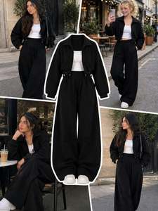 Conjunto Deportivo de Dos Piezas para Mujer, Azul Cielo y Rosa, Chaqueta Corta con Cierre, Pantalones Jogger de Cintura Alta y Pierna Ancha, Ropa Casual para Estar en Casa - Product Image 5
